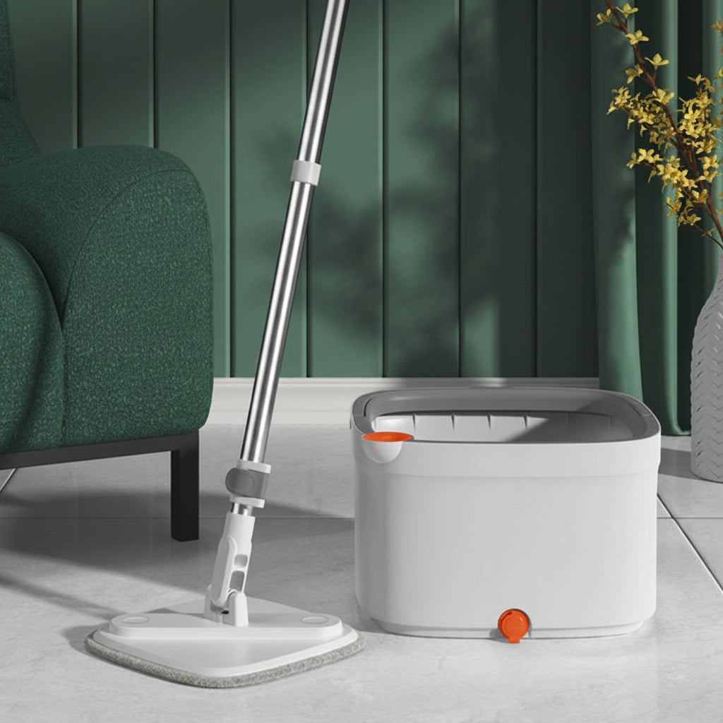 Mop and bucket cleaning set with text on a green curtain background