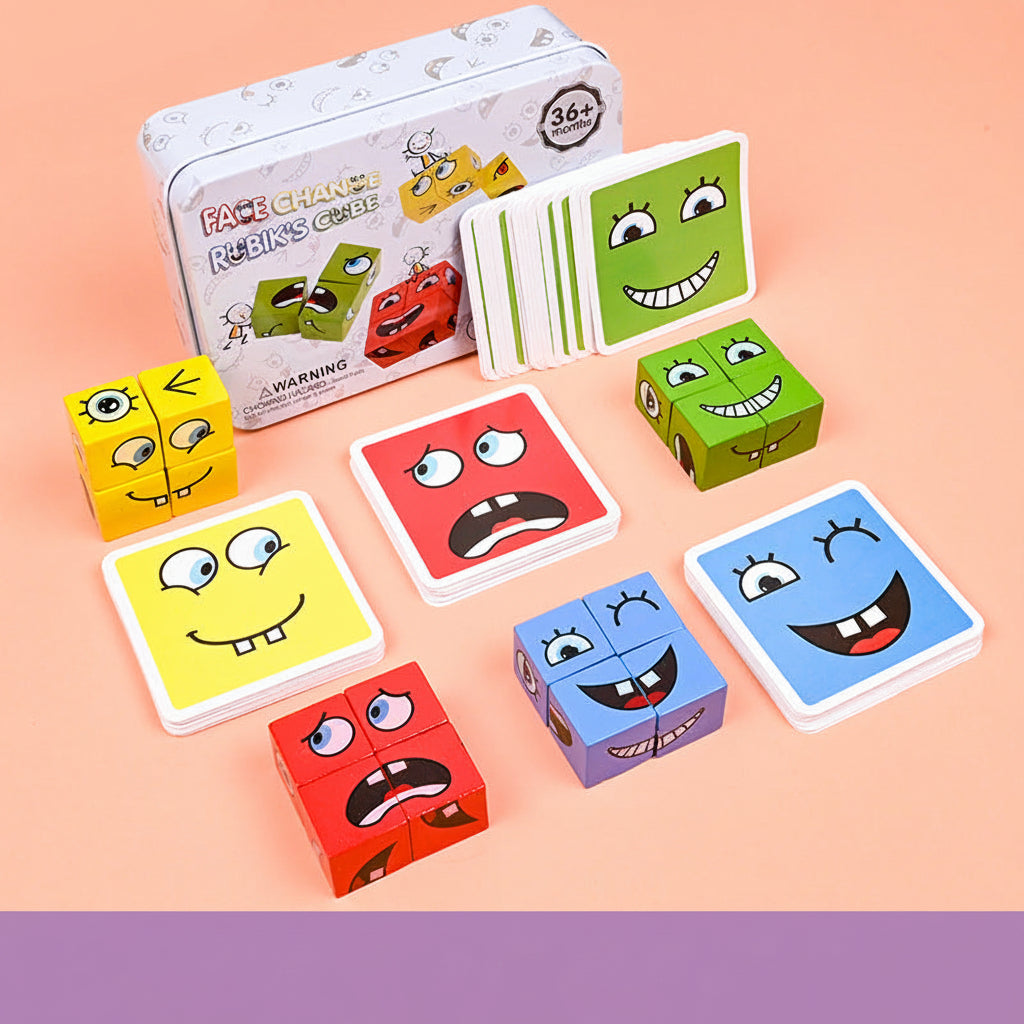 Colorful face-changing cubes with a tin box on a pink background