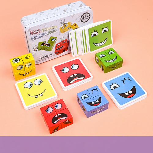 Colorful face-changing cubes with a tin box on a pink background