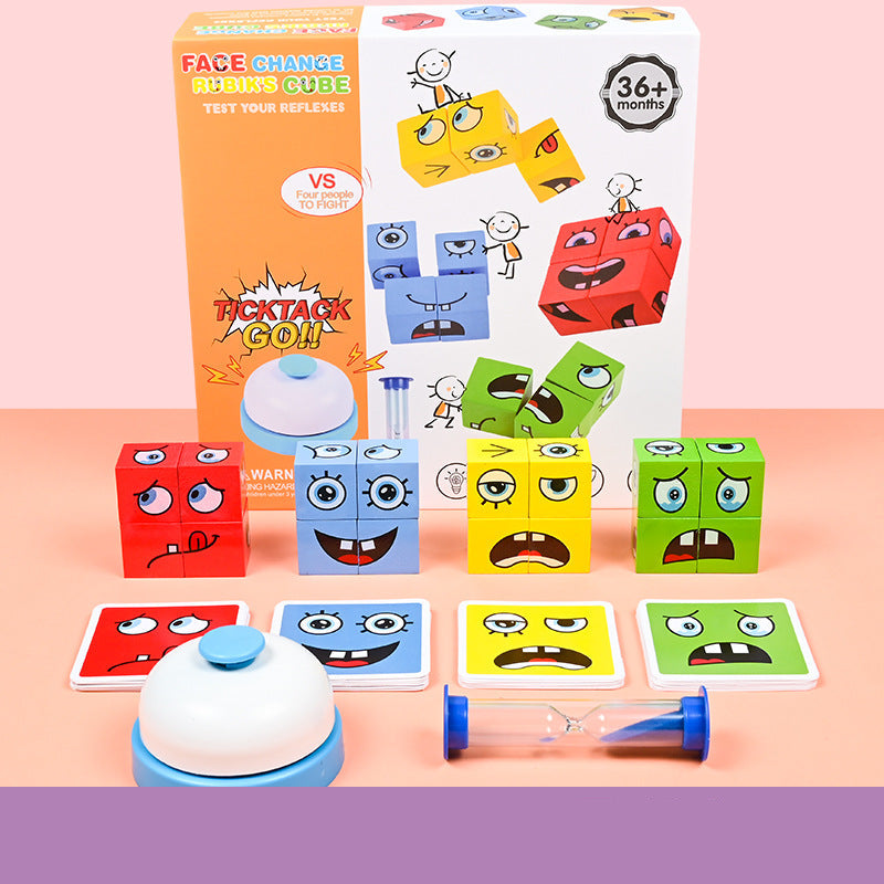 Colorful face-changing cube toy set with packaging on a pink background