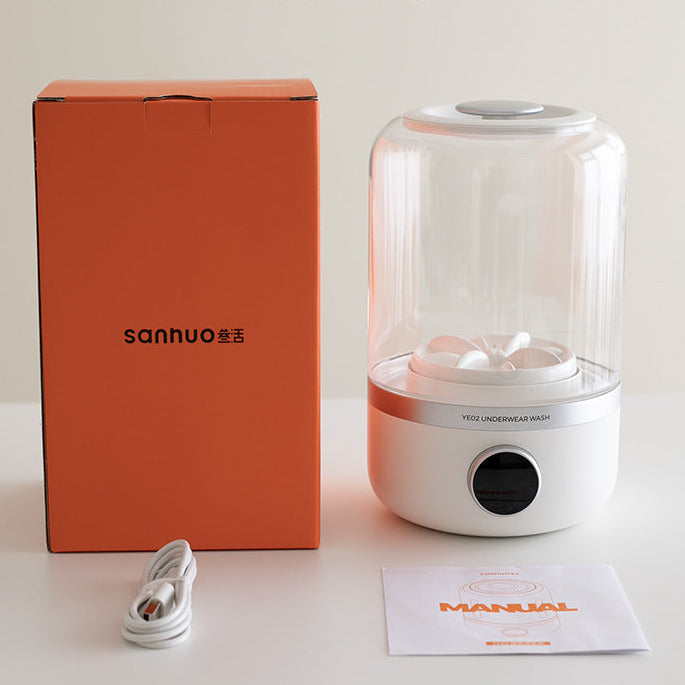 Underwear Washing Machine with packaging, power cord, and manual on a light background