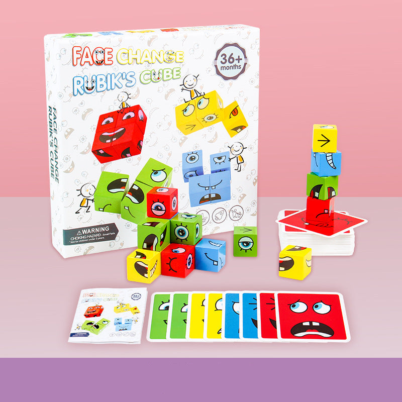 Face Change Rubik's Cube toy set with packaging and components on a pink background