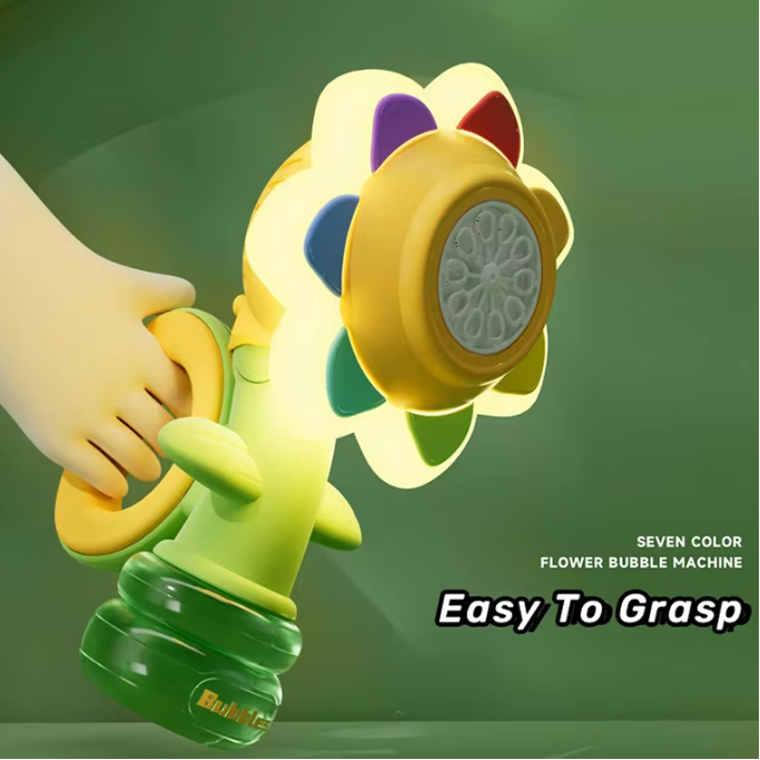Colorful flower-shaped bubble machine held by a hand on a green background